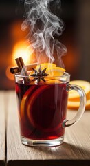 Aromatic spiced wine infusion against a glowing fireplace backdrop for cozy nights