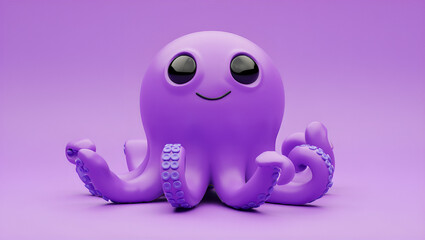 Cute Purple Octopus Cartoon Character with Big Eyes and Curly Tentacles, Generative AI