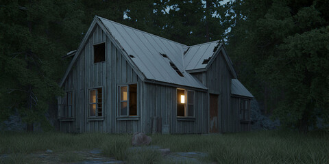 Haunted abandoned wooden house in a dark forest at twilight