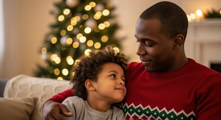 Loving Black father and young son share a tender moment at home during the festive Christmas holiday season, with a decorated tree in the background