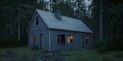 Secluded wooden cabin in dense forest at dusk, windows softly glow