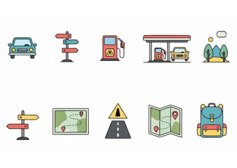 Road trip vector icons car, signs, gas station, map and backpack