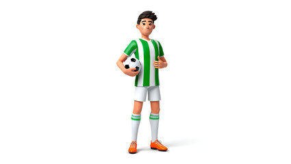 A young male soccer player dressed in a green and white striped jersey holding a soccer ball with a slight smile, Generative AI