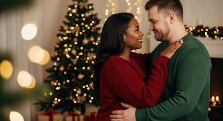 Happy multiethnic couple embracing and smiling in a cozy living room decorated for Christmas holidays with a festive tree and lights