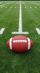 An artistic still life depicting an american football on lush green turf field