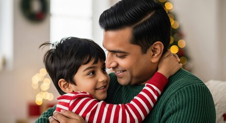 Happy Indian father and young son sharing a tender moment, embracing warmly during the festive Christmas season indoors