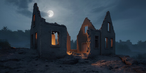 Desolate ruined house at night under full moon with warm light
