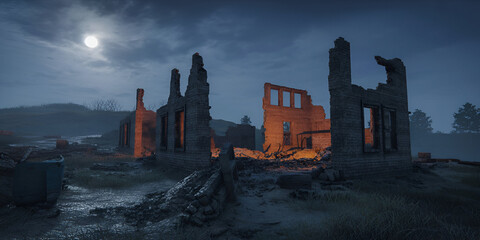 Moonlit ruins of a destroyed building at night under a cloudy sky