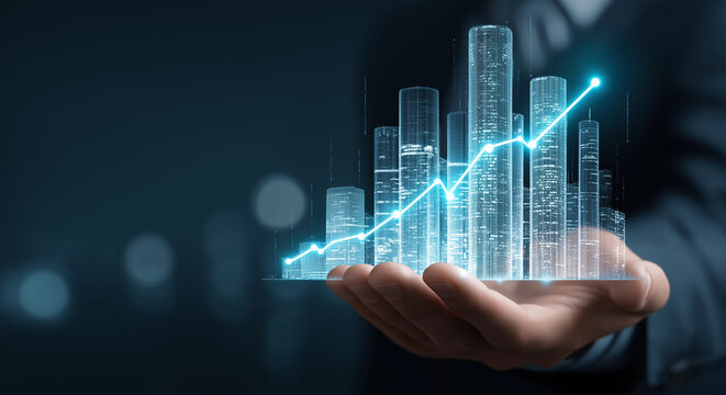 Businessman Holding Miniature Cityscape with Bright Blue Rising Trend Line and Data Visualization