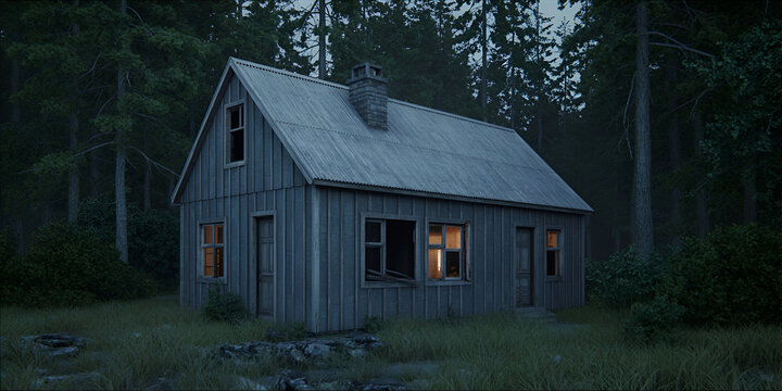 Secluded wooden cabin in dense forest at dusk, windows softly glow