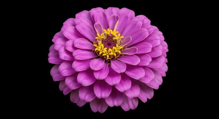 Isolated pink zinnia blossom against a stark black backdrop creates a striking floral display