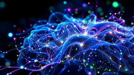 Abstract Futuristic 3D Render of Digital Network with Glowing Particles, Neural Connections, and Data Visualization for Science, Technology, and AI.