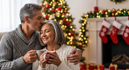 Loving senior couple enjoying a cozy Christmas holiday at home, with the husband tenderly kissing his wife's forehead while holding warm mugs by the festive fireplace and decorated tree.