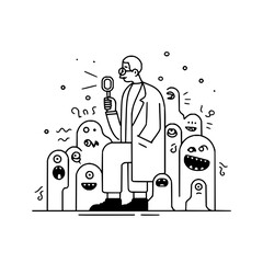 A scientist in a lab coat investigates a group of playful cartoon monsters using a magnifying glass, isolated on