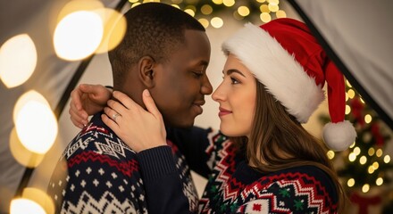 Young adult diverse couple, a Black man and a White woman, in festive Christmas sweaters sharing an intimate moment during the holiday season with bokeh lights