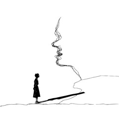 A minimalist black and white illustration of a person gazing at an abstract face profile made of wavy lines, isolated on