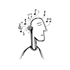 Handdrawn illustration of a person enjoying music through an earbud, with musical notes, isolated on