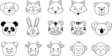 Cartoon animal faces, black and white line art, cute pet icons, vector illustration, children design, educational graphics, minimal style