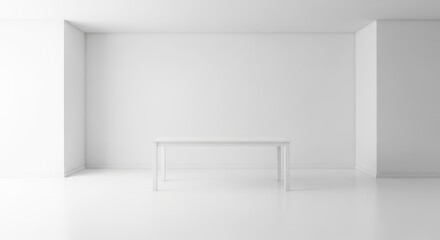 Minimalist white interior space with table showcasing simple architectural design principles
