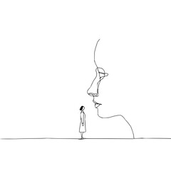 Minimalist line art drawing of a small person standing in front of a large abstract face, isolated on