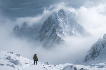 Breathtaking snowy mountain adventure awaits for the daring explorer seeking epic landscapes, perfect for travel blogs and outdoor brands