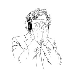 Man with curly hair wearing headphones and suit, covering face with hands in despair, isolated on