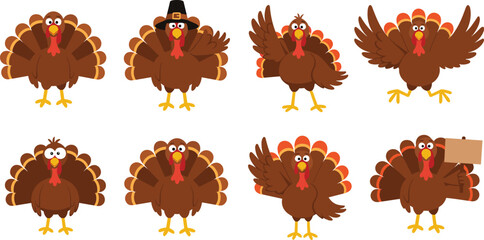 Cartoon turkeys, Thanksgiving characters, festive birds, holiday icons, cute poses, pilgrim hat, blank sign, colorful feathers, seasonal illustration, celebration theme