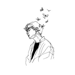 Minimalist line art of a person with butterflies flying above, symbolizing freedom and thought, isolated on