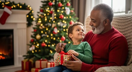 Happy African American grandfather and biracial grandson sharing a joyful Christmas moment, exchanging gifts by a festive tree and warm fireplace.