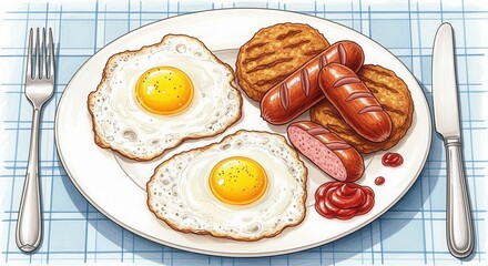 Artistic depiction of a hearty breakfast plate with fried eggs, sausages, and patties offering a