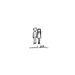 Minimalist line art drawing depicting a man and a woman holding hands, representing togetherness, isolated on