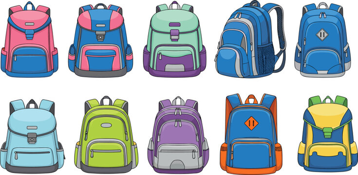 Colorful backpack collection, school bags, travel gear, kids accessories, trendy designs, padded straps, zipper pockets, outdoor style, fashion essentials, vibrant colors