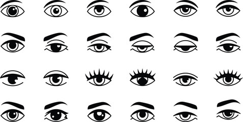 Stylized eye illustrations, expressive cartoon eyes, character design elements, emotional expressions, unique pupil styles, artistic eyelids, eyebrow variations, visual art reference