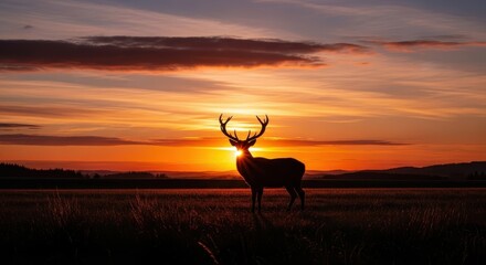 Majestic silhouette of a deer standing amidst a fiery sunset landscape golden hour