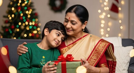 Happy Indian grandmother and her smiling grandson celebrating Christmas, exchanging gifts in a festive home setting with a decorated tree and warm lights.