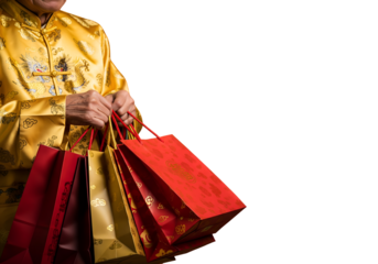 Hand of asian chinese with gesture of hand holding paper shopping bags isolated on transparent background