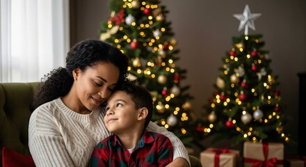 Loving African American mother and her young mixed-race son embracing during Christmas holidays at home with decorated trees and gifts