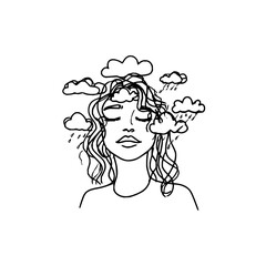 Woman with closed eyes, raining clouds around head, symbolizing mental health, isolated on