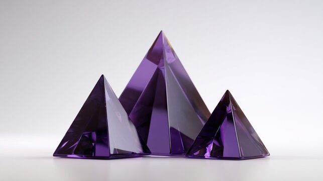 Three purple pyramids are illuminated on a white surface, showcasing light reflections - Powered by Adobe