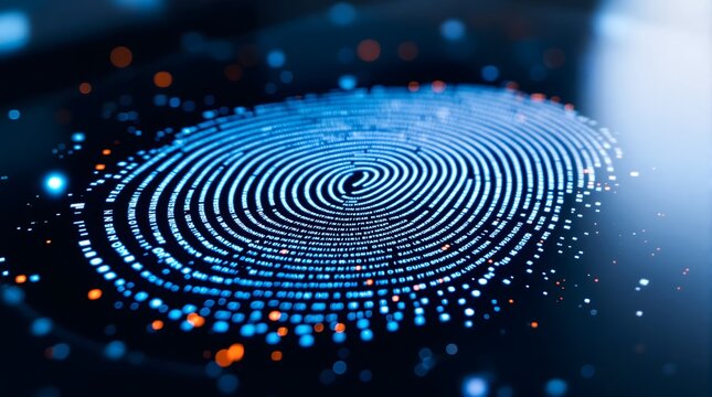 Futuristic Digital Fingerprint with Glowing Particles  Biometrics, Cyber Security, Authentication, Technology Background.