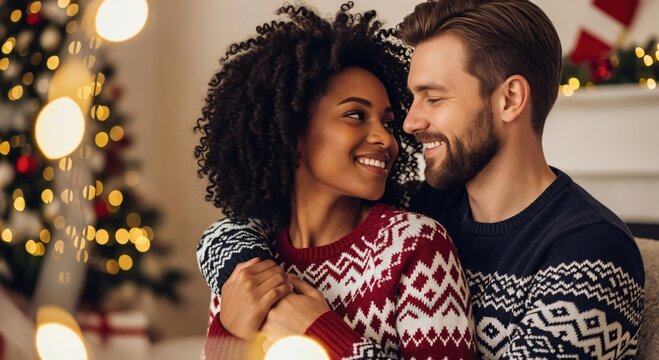 Happy young interracial couple embracing during Christmas holidays, wearing festive sweaters in a cozy home setting with a decorated tree and bokeh lights.
