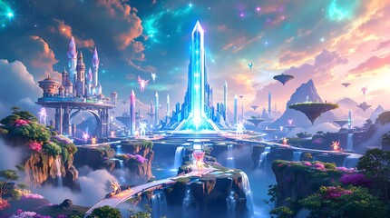 Fantasy Cityscape Illuminated Crystal Tower, Castle and Floating Islands in a Dreamlike Landscape, Digital Art.