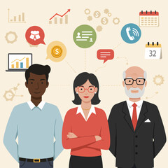 Diverse business team collaborating on a project with modern technology.