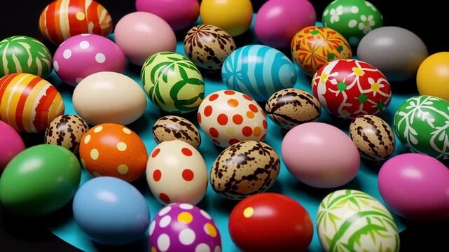 Vibrant Easter eggs rolling playfully on a blue surface