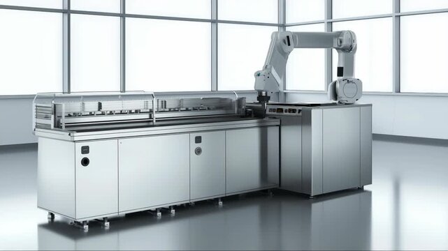 Advanced robotic arm working in a modern industrial kitchen setup during bright daylight