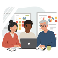 Diverse team of colleagues collaborating on a project in the office.