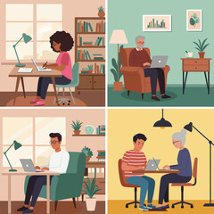 People working remotely from home using laptops in various settings.