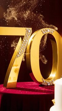 Celebration of 70th anniversary with golden "70", gems, cake, candles, and sparkles