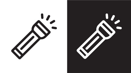 Obraz premium Flashlight icon in black and white simple line vector illustration for camping security or emergency situations