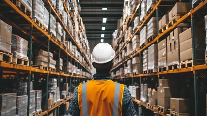 Warehouse worker inspects inventory in large storage facility during daytime - Powered by Adobe